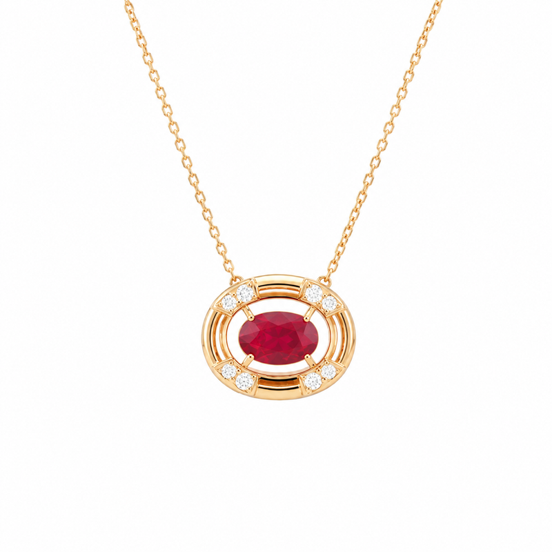 Red Gemstone Halo Lab Grown Diamond 925 Silver Necklace