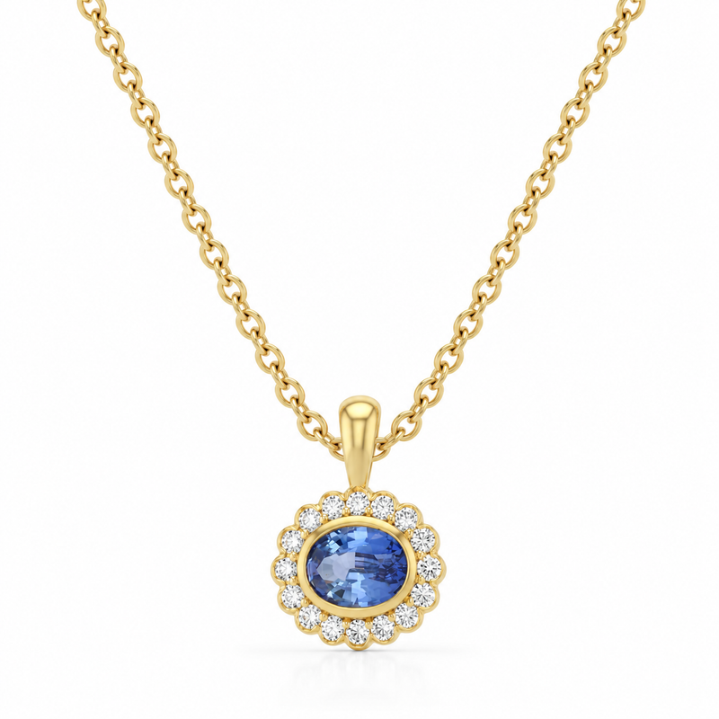 Blue Gemstone Halo Lab Grown Diamond 925 Silver Pendant
