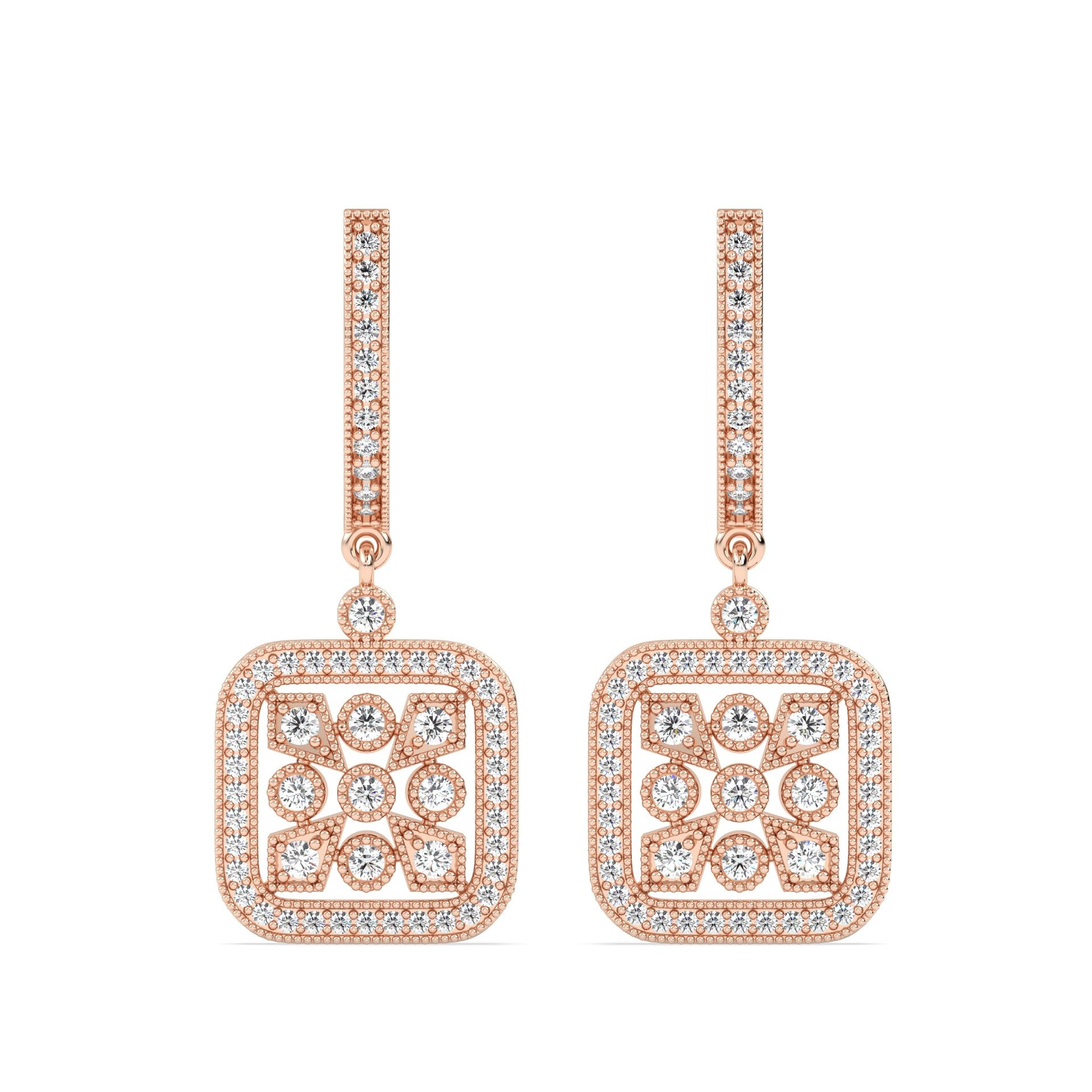 Drop Lab Grown Diamond Earrings – Intricate Square – 925 Silver