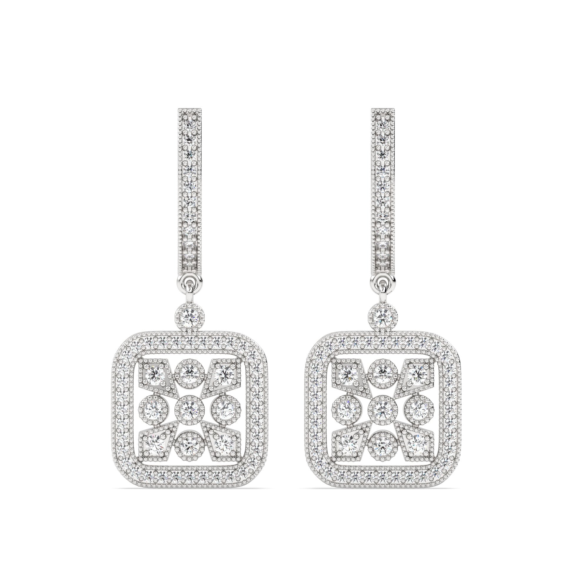 Drop Lab Grown Diamond Earrings – Intricate Square – 925 Silver