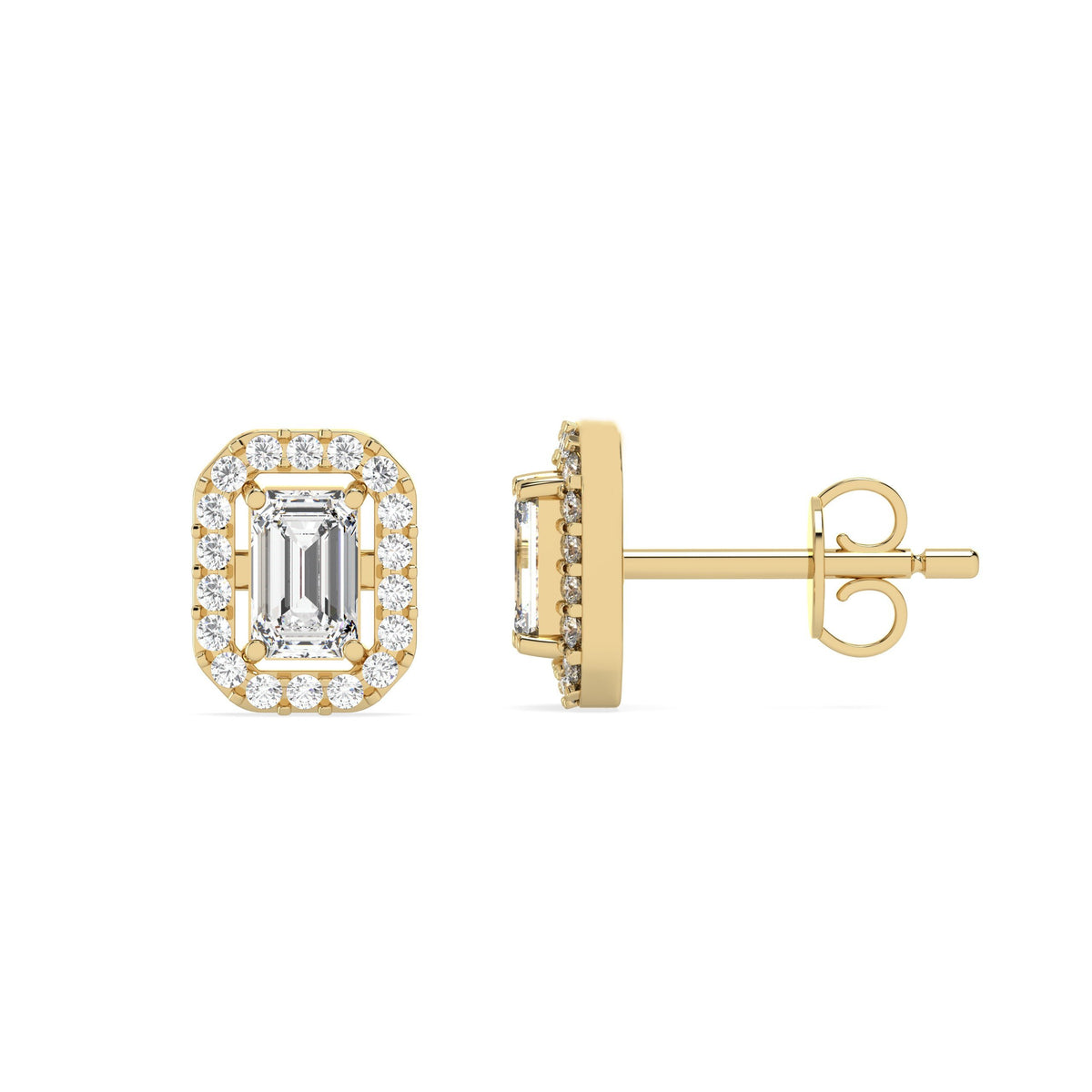 Emerald halo lab grown diamond earrings in yellow gold, front and side view