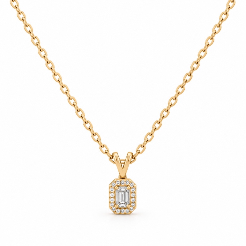 Emerald halo lab grown diamond gold pendant, in yellow gold, front view