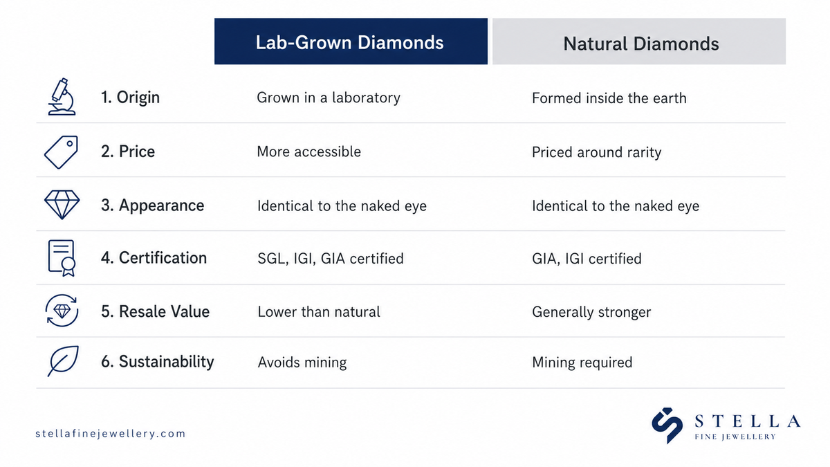 Infographic comparing lab-grown and natural diamonds across origin, price, resale, and sustainability — Stella Fine Jewellery