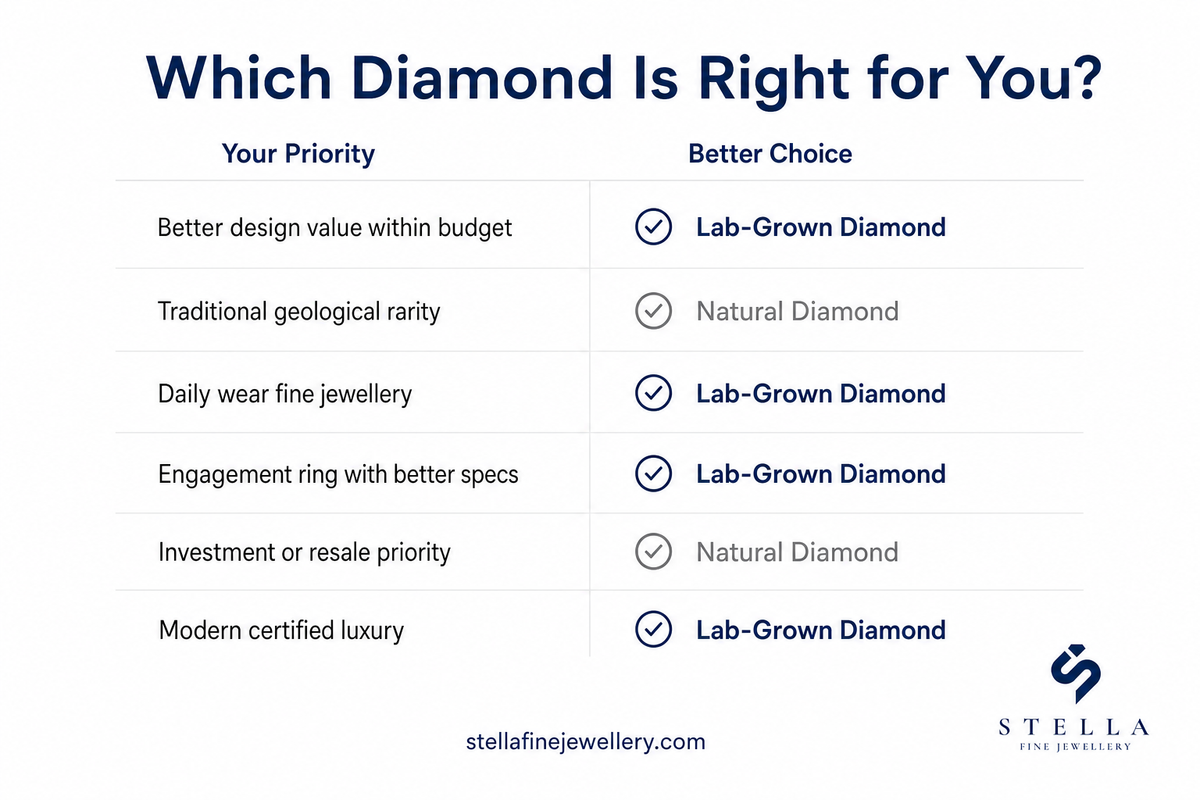Buyer guide showing whether lab-grown or natural diamonds are better for different priorities — Stella Fine Jewellery