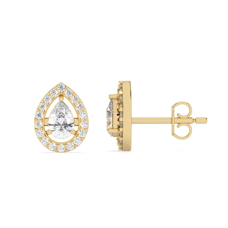 Pear halo lab grown diamond earrings in yellow gold, front and side view