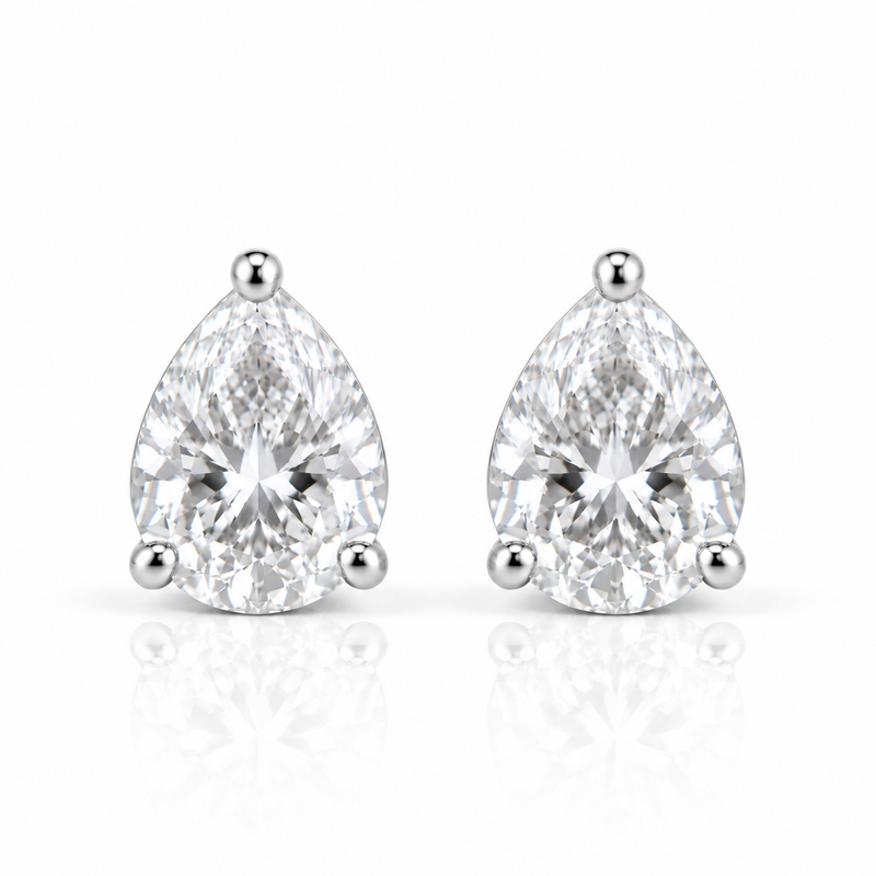 Pear solitaire lab grown diamond gold earrings, front view