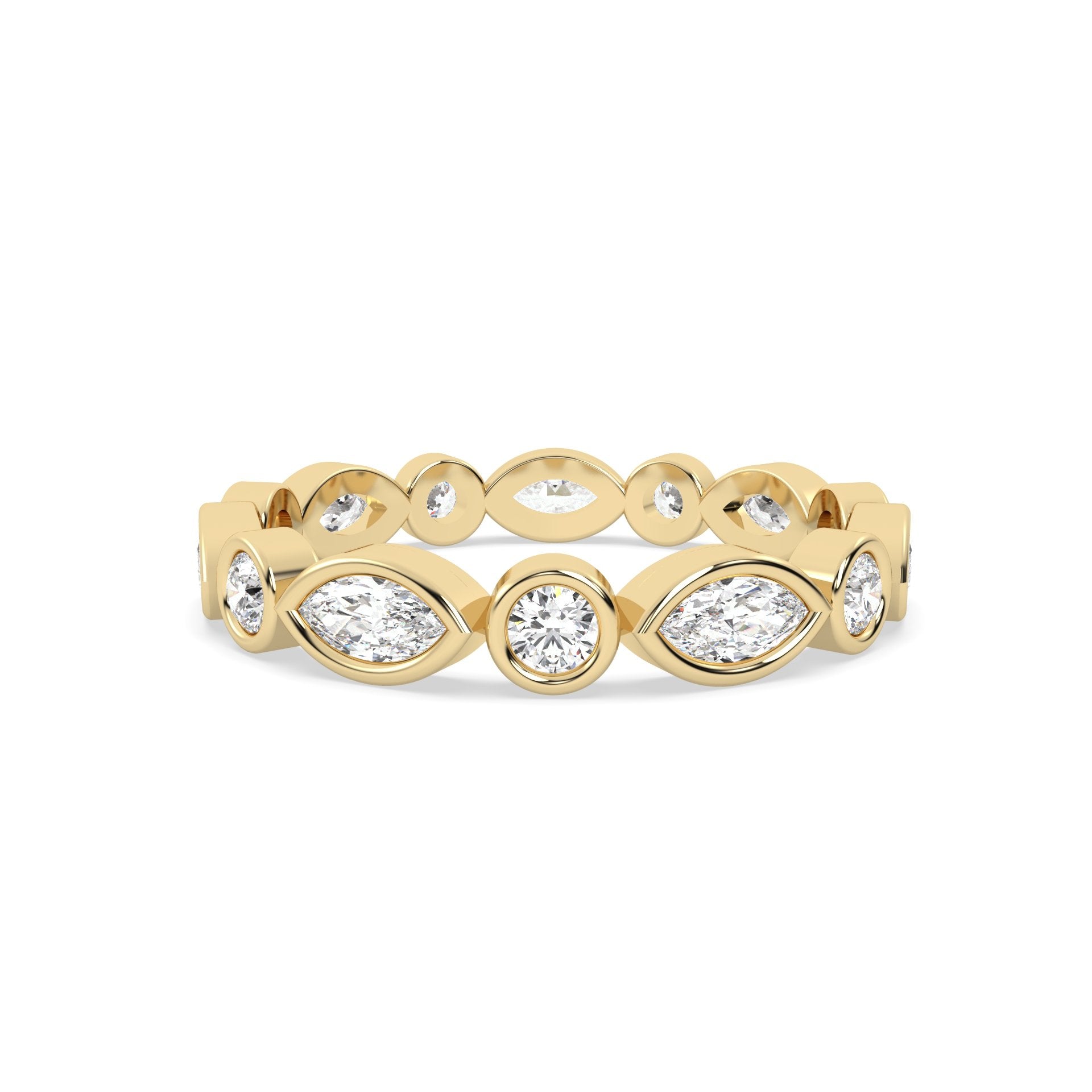 Yellow Gold band with multiple round and marquise diamond