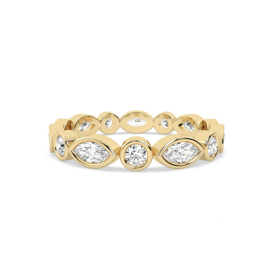 Yellow Gold band with multiple round and marquise diamond