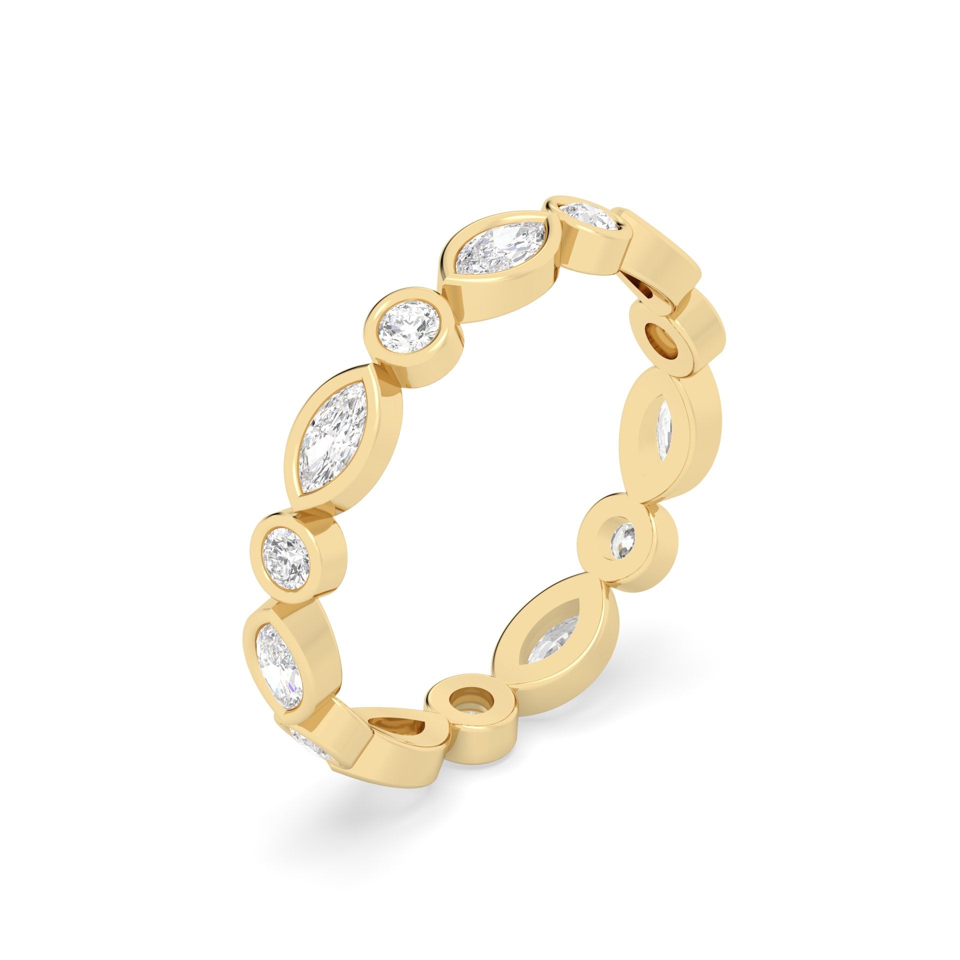 Yellow Gold band with multiple round and marquise diamond
