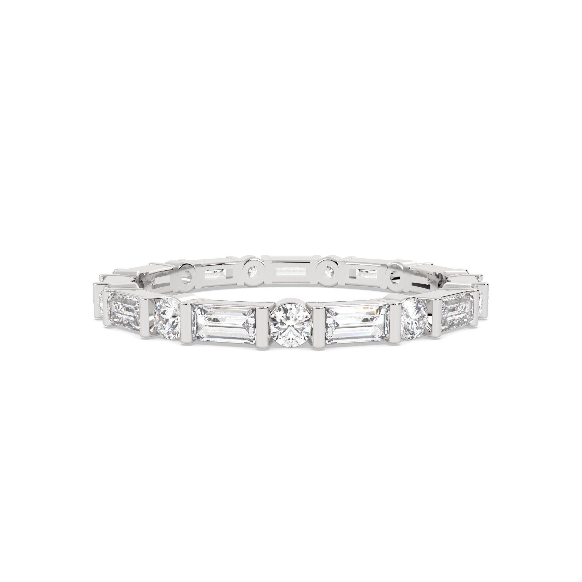White Gold ring with multiple round and baguette diamonds
