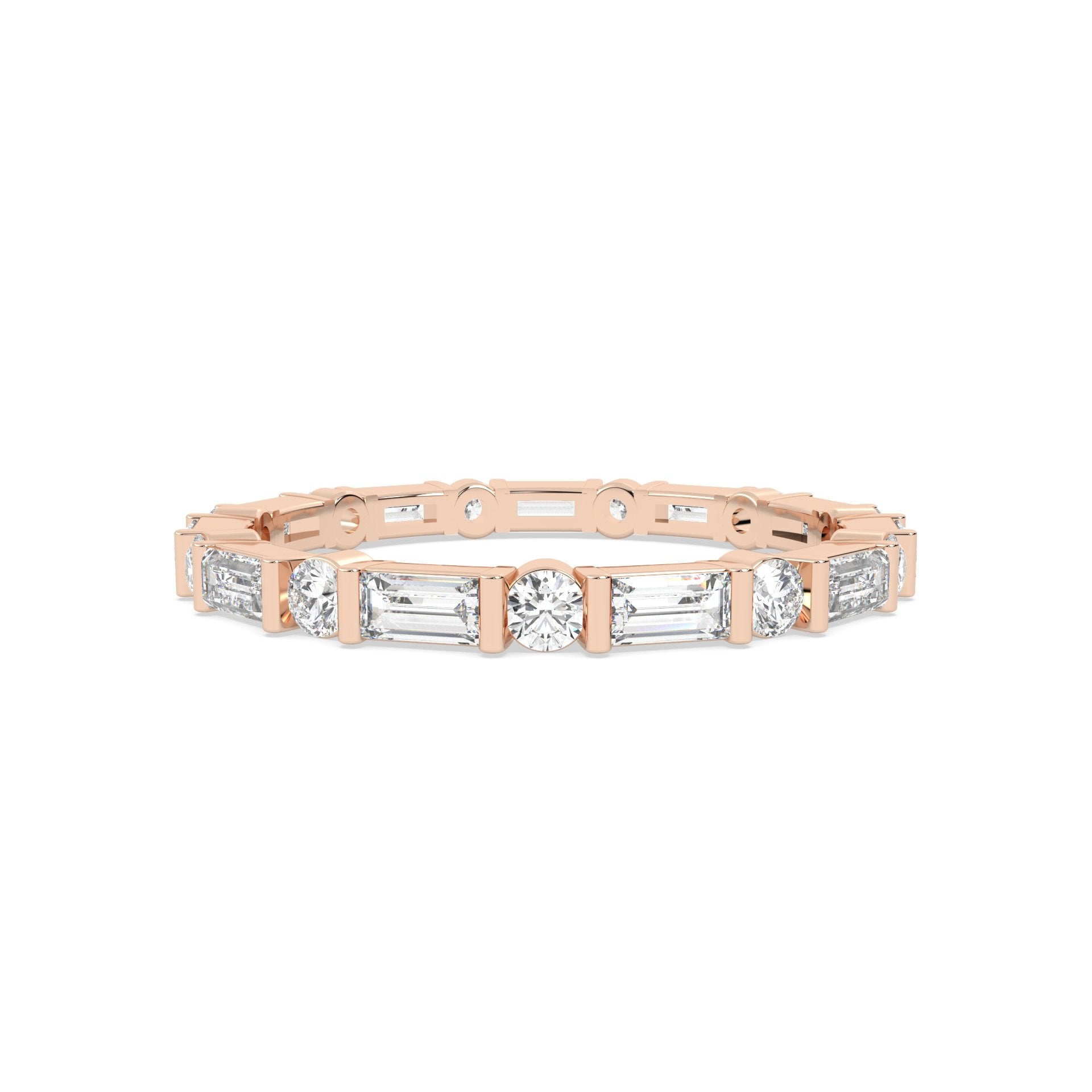 Rose Gold ring with multiple round and baguette diamonds